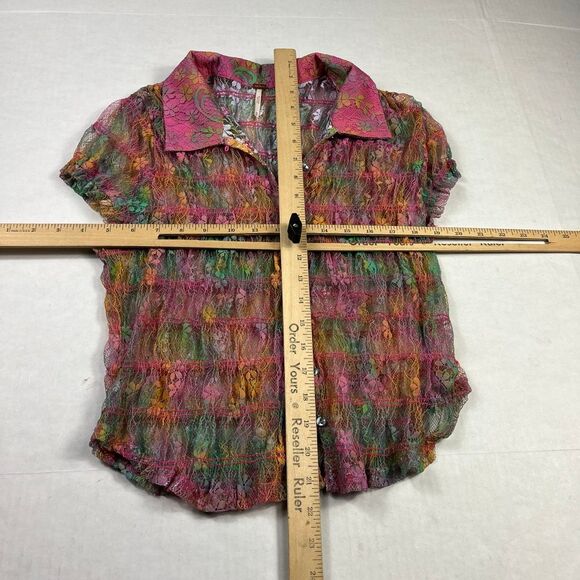 Free People Julie Lace Button Down Shirt Colorful Y2K Short Sleeve Boho Top M - Picture 6 of 10